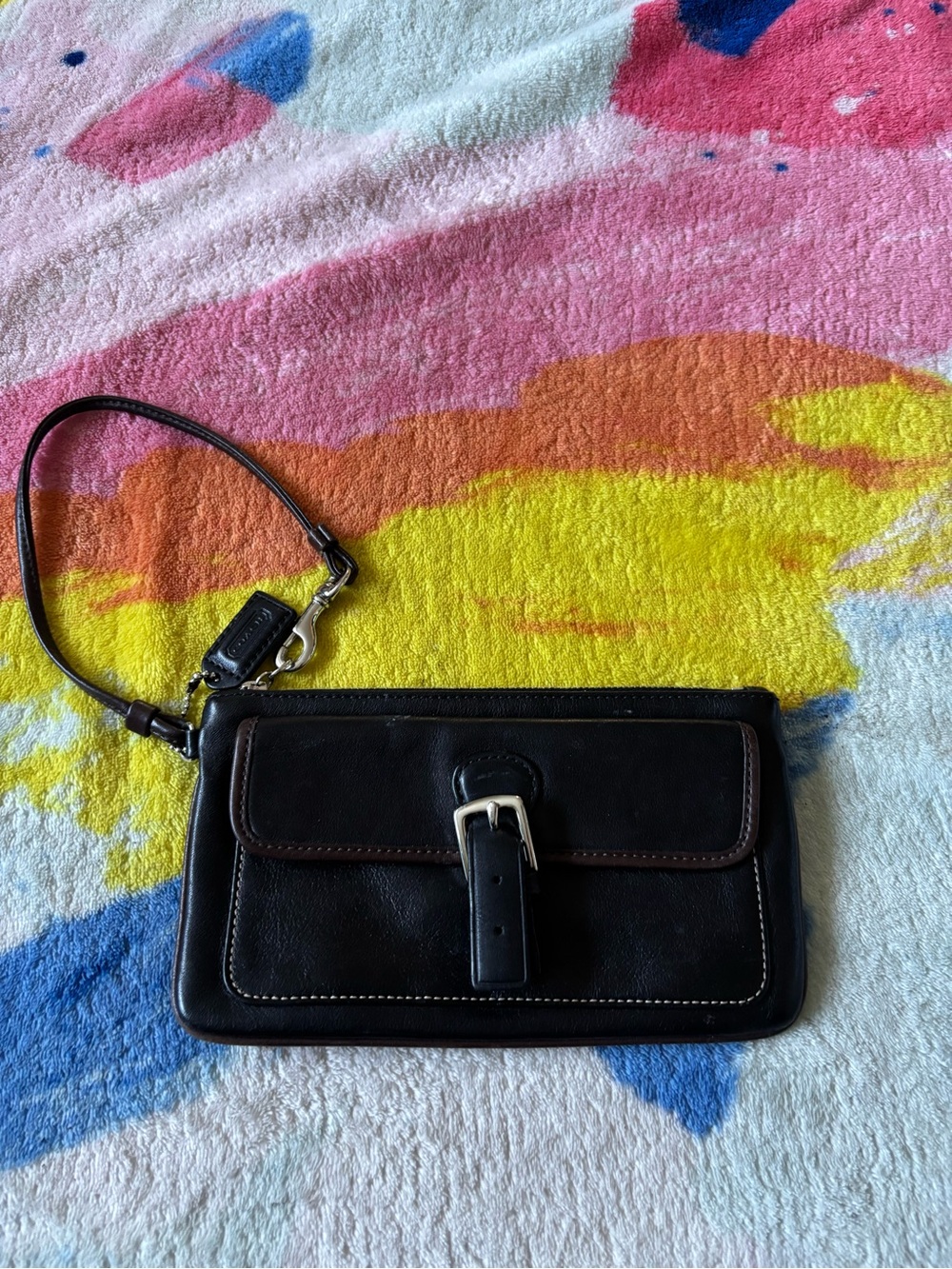 Coach Brown Leather Wristlet Clutch with Buckle Accent